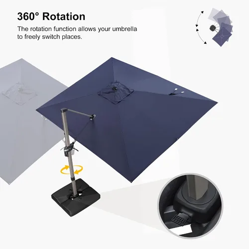 Vista 4 de PURPLE LEAF Sombrilla de patio de 9 x 11 pies con base, sombrilla voladiza rectangular para exteriores con marco champán y rotación de 360°