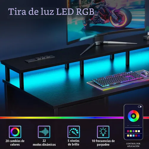 Vista 4 de Korfile - Escritorio para computadora de 47 pulgadas con 5 cajones de almacenamiento de tela, escritorio para juegos con tomas de corriente y luces