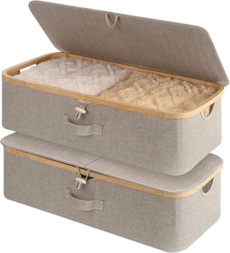Vista 8 de StorageWorks Paquete de 2 Cajas de Almacenamiento Debajo de la Cama con Marco de Bambú, Contenedor Debajo de la Cama con Tapa Abatible de 42L