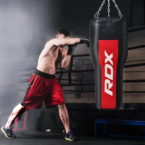 Vista 5 de RDX Uppercut - Saco de boxeo sin relleno para boxeo, entrenamiento de kickboxing, juego de bolsa pesada de piel maya en ángulo con guantes de boxeo