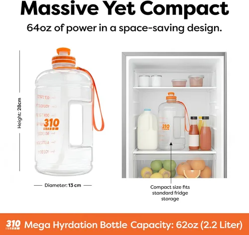 Vista 3 de 310 Nutrition Mega Hydration Bottle de 64 onzas, botella de agua grande sin BPA con marcadores de tiempo, boca ancha y asa de transporte