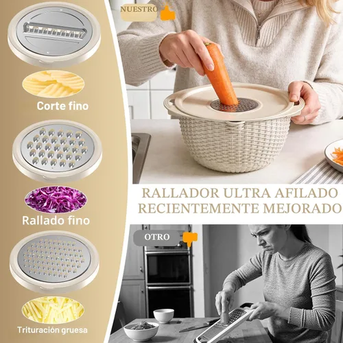 Vista 5 de Juego de colador 4 en 1 con tazón, cuenco colador giratorio de 360° patentado con 3 ralladores, tapa a presión y base antideslizante, divertido Beige