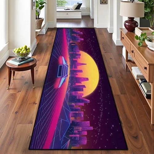 Vista 20 de Alfombra de corredor lavable de 2 x 6 pulgadas, diseño de arcade, diseño de barco espacial a la puesta de sol, retro, de los años 80, de ciencia