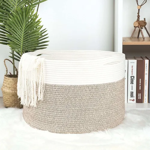 Vista 6 de MINTWOOD Design Canasta decorativa extra grande de 22 x 14 pulgadas de cuerda de algodón tejida para almacenamiento de mantas, cesta para la sala