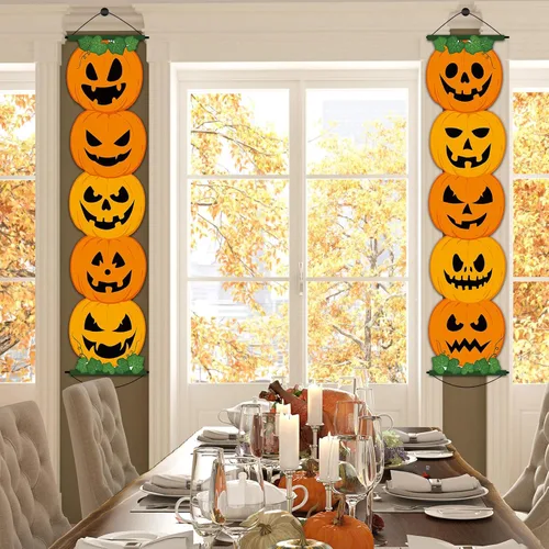 Vista 7 de 2 carteles de calabaza de Halloween para porche, decoración de fiesta de Halloween, cartel de truco o trato, letrero de puerta colgante de calabaza