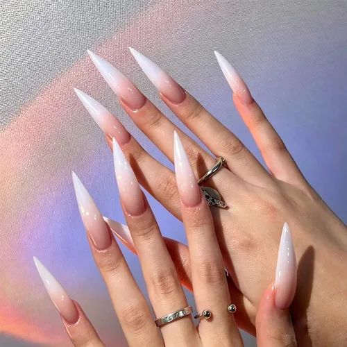 Vista 67 de Uñas postizas a presión medianas con diseño geométrico blanco almendra – 24 uñas postizas reutilizables de ABS brillante, fácil de aplicar, juego