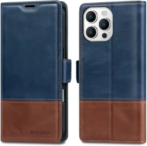 Vista 14 de KEZiHOME Funda de piel auténtica compatible con iPhone 16, con bloqueo RFID, con soporte para tarjetas, función atril magnético, funda protectora