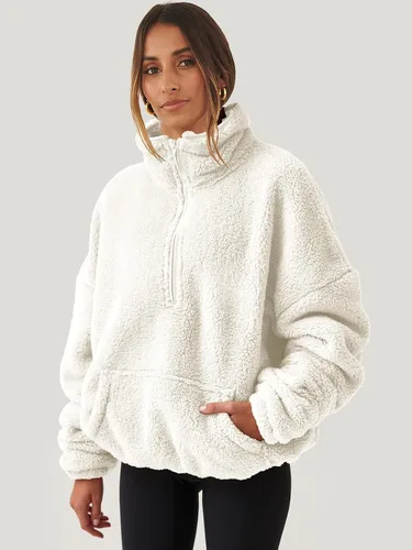 Vista 3 de ANRABESS Sudadera de manga larga para mujer, de gran tamaño, con media cremallera, forro polar, suave, con bolsillos
