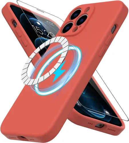 Vista 15 de DEENAKIN Funda magnética de silicona para iPhone 12 Pro con protector de pantalla, compatible con MagSafe, protección de cámara, funda protectora