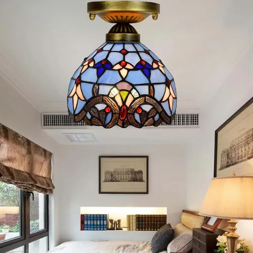 Vista 2 de Tiffany - Lámpara de techo estilo vitral, mini lámpara de techo, 1 luz, montaje empotrado de 8 pulgadas para hotel, pasillo, balcón, cocina Azul