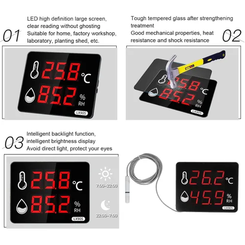 Vista 3 de Medidor de humedad de temperatura digital con sonda externa Pantalla LED termómetro higrómetro