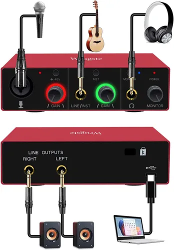 Vista 2 de Wrugste Interfaz de audio USB solo (24 bits/192 kHz)+alimentación fantasma de 48 V para grabación de computadora, podcasting y transmisión, Plug and