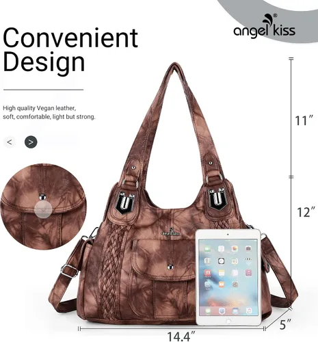 Vista 3 de Angelkiss - Bolsos y bolsos de mano para mujer, de cuero vegano lavado, bolso cruzado estilo hobo