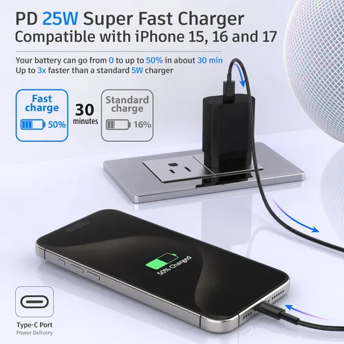 Vista 5 de Galaxy S25 S24 - Bloque de carga USB C de 25 W PD cargador súper rápido con cable tipo C, adaptador de enchufe de pared de 6 pies, carga rápida