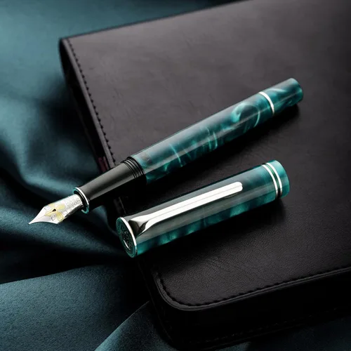 Vista 5 de HONG DIAN N2 - Pluma estilográfica, punta fina de iridio, diseño acrílico azul turquesa, bolígrafo de escritura suave con convertidor y juego