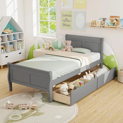 Vista 4 de KOMFOTT 2 camas individuales con 2 cajones, cama de almacenamiento individual con cabecero para dormitorio, marco de cama de madera de trineo