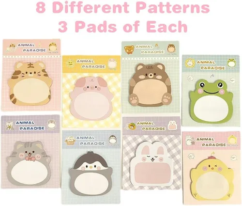 Vista 2 de 24 blocs de notas adhesivas con forma de animal, 8 bonitos patrones, 3 blocs de cada bloc de notas autoadhesivas Kawaii para escuela, oficina