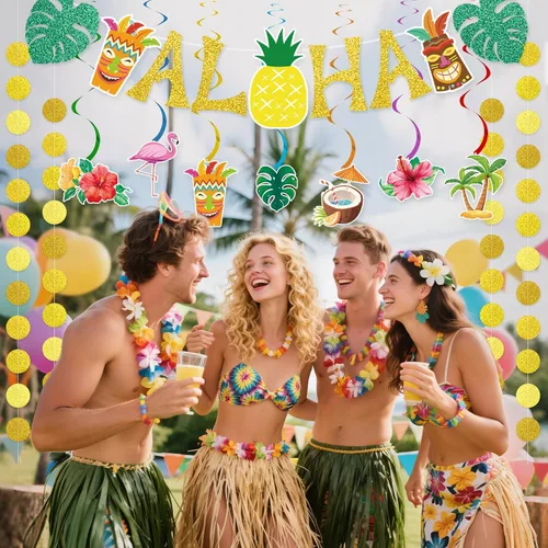 Vista 7 de Pancarta hawaiana preencordada para fiesta, decoración grande de flamenco tiki tropical para fiesta de cumpleaños Luau para fiesta de cumpleaños