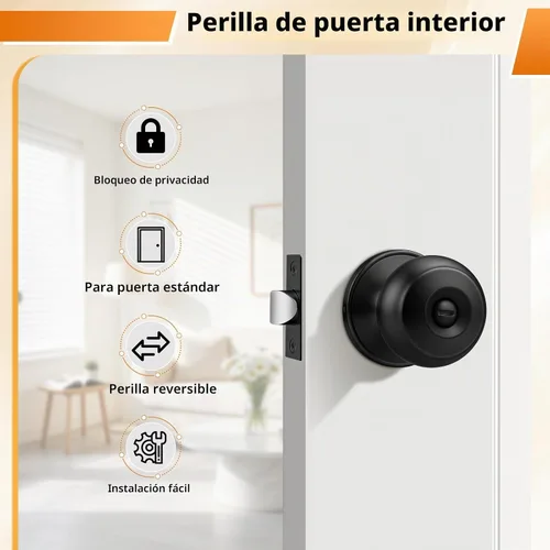 Vista 2 de Probrico Pomos de puerta negros, privacidad para dormitorio y baño, de interior, con bola redonda, paquete de 6