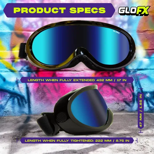 Vista 3 de GloFX Gafas de esquí - Gafas reflectantes Cyberpunk, diseño de cara completa, acolchado de espuma cómodo, correa ajustable, protección UV