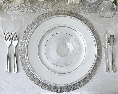 Vista 5 de OccasionS - 10 cargadores redondos de plástico acrílico de 13 pulgadas, para decoración de cenas, platos de carga (corona, blanco y plateado)
