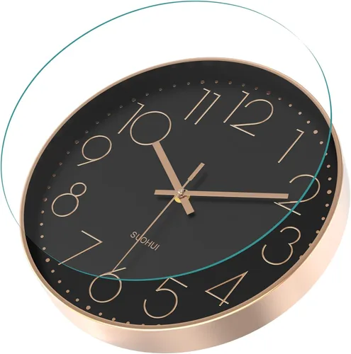 Vista 2 de Reloj de pared silencioso de 12 pulgadas, relojes de pared sin tictac que funcionan con pilas, para decoración de sala de estar, reloj de pared Oro