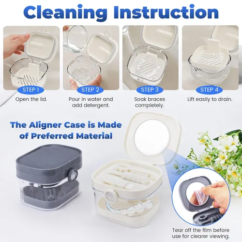 Vista 4 de Estuche de retención 2 en 1, funda limpiadora de alineadores de baño para dentadura, soporte, contenedor, organizador, taza de dentadura con espejo