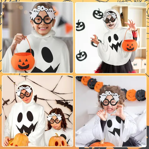 Vista 5 de Lewtemi Juego de 4 disfraces de Halloween para niños, disfraz de fantasma blanco, incluye gafas de cosplay, capa de fantasma, cubo de calabaza