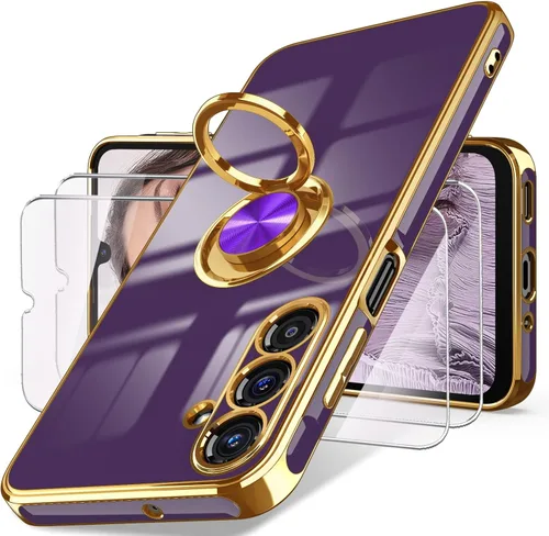 Vista 12 de Dretal Funda para Samsung Galaxy A15 5G, protector de pantalla, soporte de anillo giratorio de 360°, soporte magnético, borde dorado plateado, funda