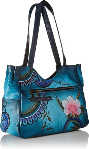 Vista 2 de Anna by Anuschka Bolso de hombro de cuero genuino para mujer, pintado a mano, obra de arte original exterior, Mezclilla Paisley Floral
