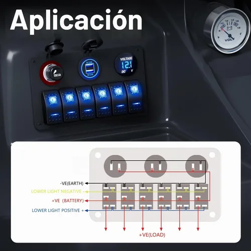Vista 6 de RVBOATPAT Panel de interruptor marino de 6 bandas Panel de interruptor de barco impermeable Interruptor basculante de 12 V Panel de interruptor azul