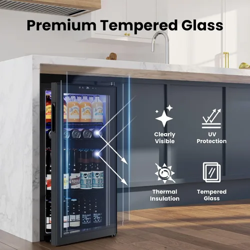 Vista 5 de Yeego Refrigerador de bebidas, mini refrigerador de 105 latas con puerta de vidrio, estantes ajustables, control digital de temperatura para Negro