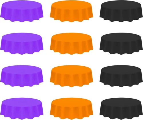 Vista 8 de Eunika 12 manteles de plástico desechables de Halloween, 54 x 108 pulgadas, mantel italiano rectangular a granel, negro, naranja, morado