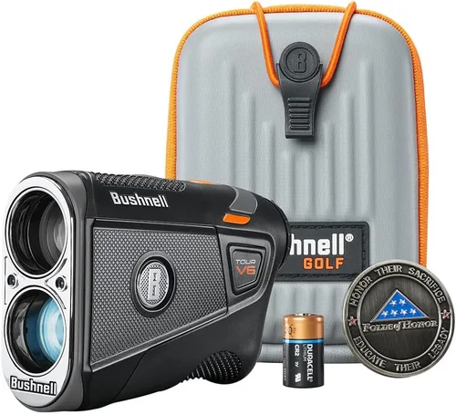 Vista 2 de Bushnell Golf Tour V6 Telémetro láser Patriot Pack – Visual JOLT, montaje magnético, rango de 1300 yardas, aumento 6X, IPX6 resistente a
