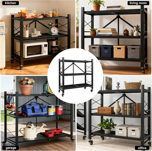 Vista 7 de Grezone Estantes plegables de 3 niveles de almacenamiento de metal resistente con ruedas – No se ensambla unidad de estantería plegable para cocina
