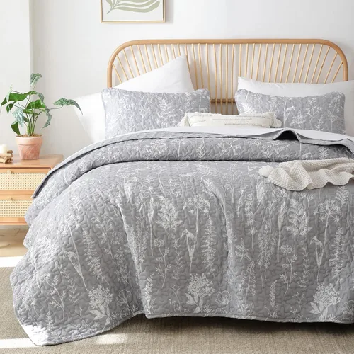Vista 5 de JANZAA Juego de colcha tamaño Queen de 3 piezas con patrón floral, de microfibra ligera, ropa de cama reversible, 1 colcha y 2 fundas de almohada