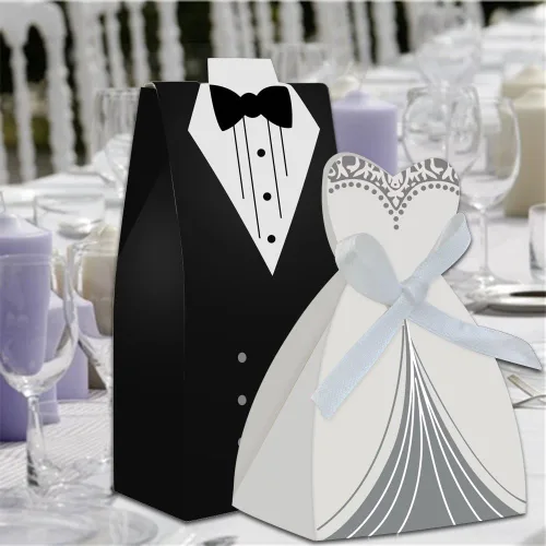 Vista 5 de cnomg 100 piezas de vestido de recuerdo de boda y esmoquin novia y caja de dulces al por mayor, caja de regalo creativa para vestido con lazo