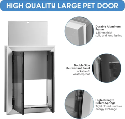 Vista 4 de SmarketBuy Puerta grande para perro, puerta de aluminio resistente a la intemperie con cierre automático, paneles dobles fáciles de instalar, puerta
