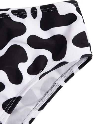 Vista 6 de WDIRARA Traje de baño de 2 piezas con estampado de vaca para niña, cuello redondo, lindo traje de baño