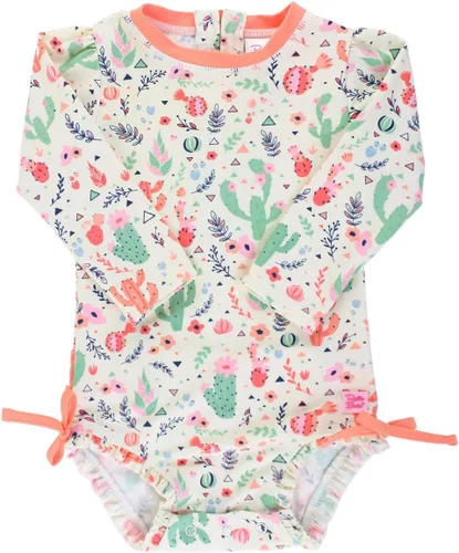 Vista 17 de RuffleButts - Traje de baño de una pieza con protección solar UPF 50+, camiseta de protección floral estampado, manga larga, con cierre zipper