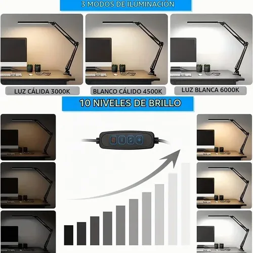 Vista 4 de Lámpara de escritorio LED con 3 modos de cuidado de los ojos, 10 brillo; lámpara flexible larga y ajustable con brazo oscilante para trabajadores