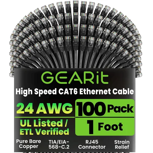 Vista 23 de GEARit Paquete de 100 cables Ethernet Cat6 de 0.5 pies Cable de conexión de red RJ45, conectores chapados en oro sin enganches de 10 Gbps, cable