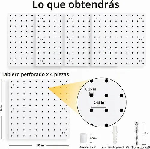 Vista 3 de 4 Piezas Paneles de Tablero Perforado, Soporte de Pared de Tablero Perforado ABS Blanco, Fácil Instalación para Sala de Manualidades, Garaje