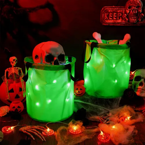 Vista 2 de 2 bolsas de dulces de Halloween con luz LED, bolsas de fiesta de Halloween, multiusos, reutilizables, bolsas para Halloween para dulce o dulce Verde