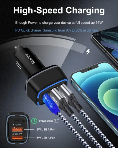 Vista 8 de Cargador de coche de 56W PD USB C, bloque de carga súper rápido de 3