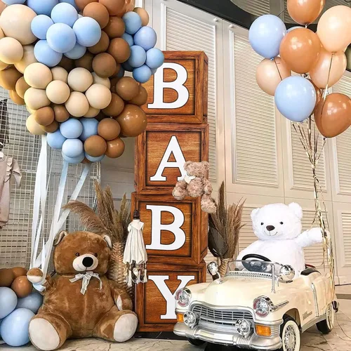 Vista 7 de Cajas de baby shower para decoración de fiesta, 4 bloques de madera de grano marrón con letras de bebé, letras impresas, decoración de centro
