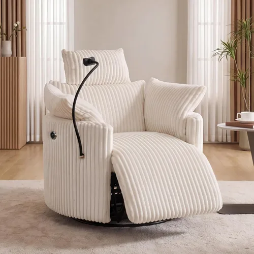 Vista 13 de FOXHUNTER Mecedora mecedora Power Glider, mecedora giratoria de 360°, con puerto de carga USB y soporte para teléfono, reposapiés, para sala