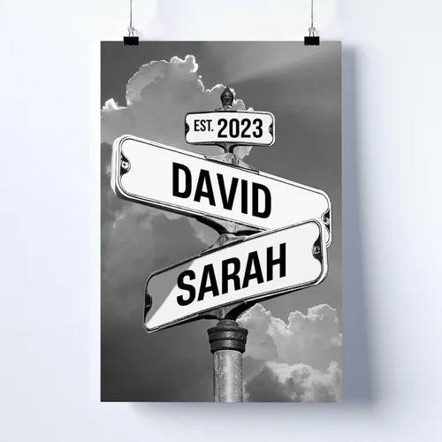 Vista 5 de Cartel de calle vintage de lienzo personalizado para parejas, cartel de cruce de caminos con nombre personalizado, el mejor regalo para parejas