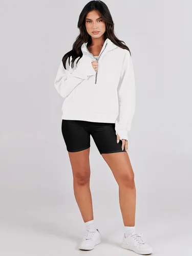 Vista 7 de ANRABESS Sudaderas recortadas para mujer, con media cremallera, forro polar, con cremallera de un cuarto, ropa de otoño 2023, suéter con agujero
