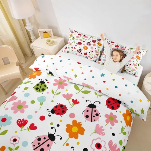 Vista 3 de Manfei Juego de funda de edredón de mariquita de tamaño individual, juego de ropa de cama de flores de acuarela de 2 piezas, funda de edredón floral